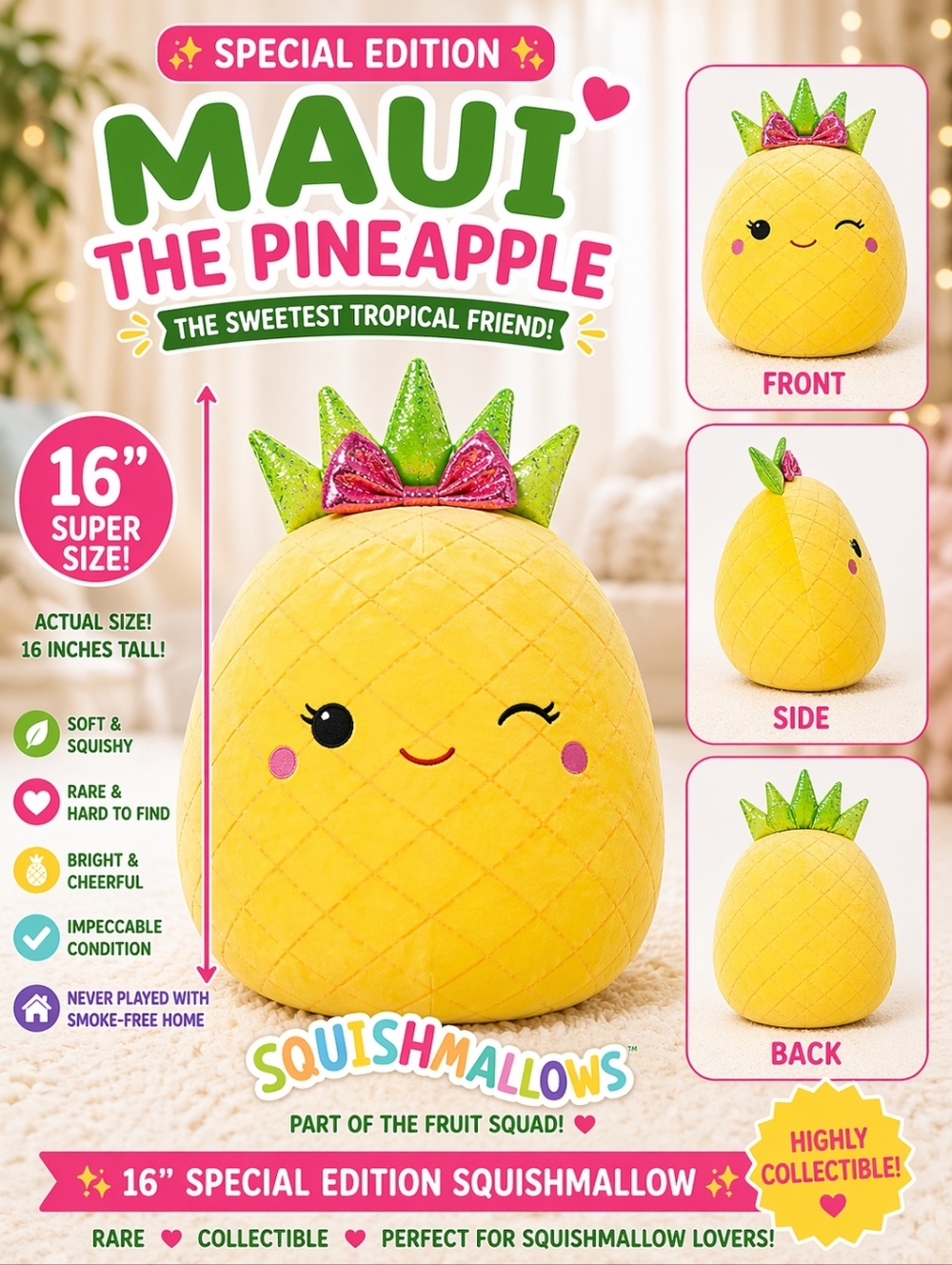 16" Maui Pineapple Squishmallow 🍍 Rare Fruit Squad Plush Pink Bow Large 16 Inch - Picture 8 of 8